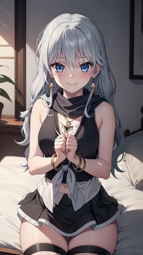 masterpiece, best quality, 1 solo girl, silver hair, blue eyes, long hair, medium breasts, sexy body and face, wavy hair, smile, sleeveless shirt, scarf, black thigh-high, mini skirt, pendant, bracelet, jewelry, earrings, feather hair ornament, book, lying...