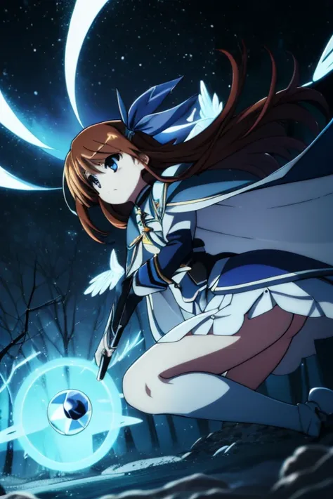 nanoha、uniform、skirt、long hair、cape、witch hat、magic wand、in the forest、in combat、ice magic、light blue magic circle