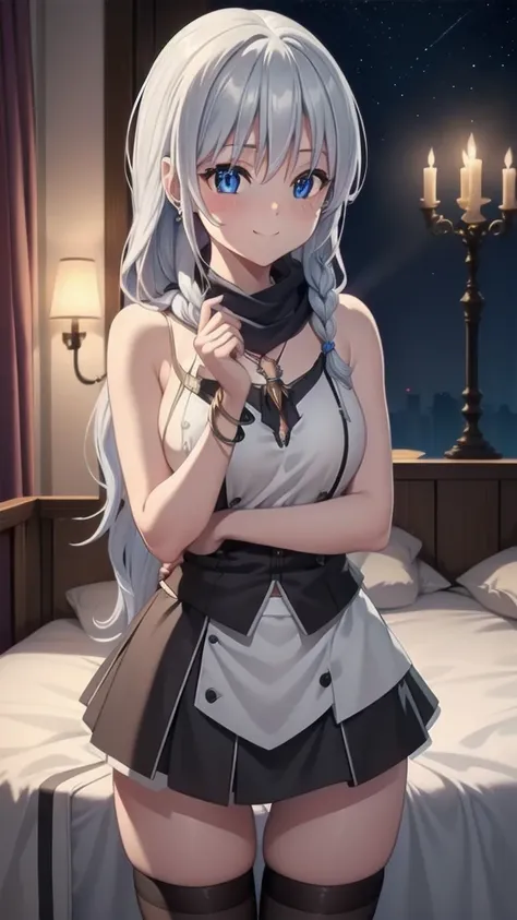 masterpiece, best quality, 1 solo girl, silver hair, blue eyes, long hair, medium breasts, sexy body and face, wavy hair, smile, sleeveless shirt, scarf, black thigh-high, mini skirt, pendant, bracelet, jewelry, earrings, feather hair ornament, book, lying...