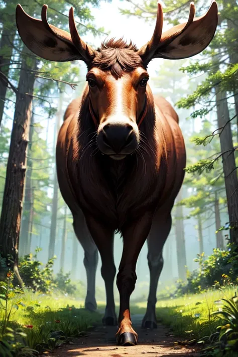 ((best quality)), cartoon, male moose in pine forest