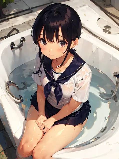 Sailor suit(White blouse),Navy blue mini skirt,Soaking wet,