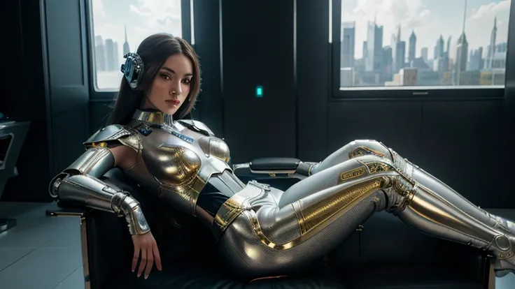 Futuristic robot girl lounging on a chair, intricate costume with white and gold accents, high-res 8k resolution, Android Jones inspired, Unreal Engine 5, solarizing master luxury sci-fi, detailed metallic textures, epic pose, professional lighting