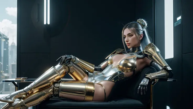 Futuristic robot girl lounging on a chair, intricate costume with white and gold accents, high-res 8k resolution, Android Jones inspired, Unreal Engine 5, solarizing master luxury sci-fi, detailed metallic textures, epic pose, professional lighting