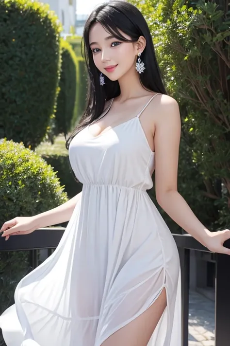 1 female, Black Hair, Blue Eyes, Delicate face, cute, Love Earrings, White Dress, Surreal、Plump body、smile