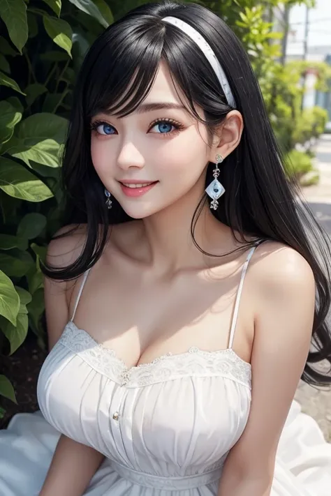 1 female, Black Hair, Blue Eyes, Delicate face, cute, Love Earrings, White Dress, Surreal、Plump body、smile