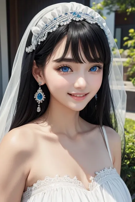 1 female, Black Hair, Blue Eyes, Delicate face, cute, Love Earrings, White Dress, Surreal、Plump body、smile