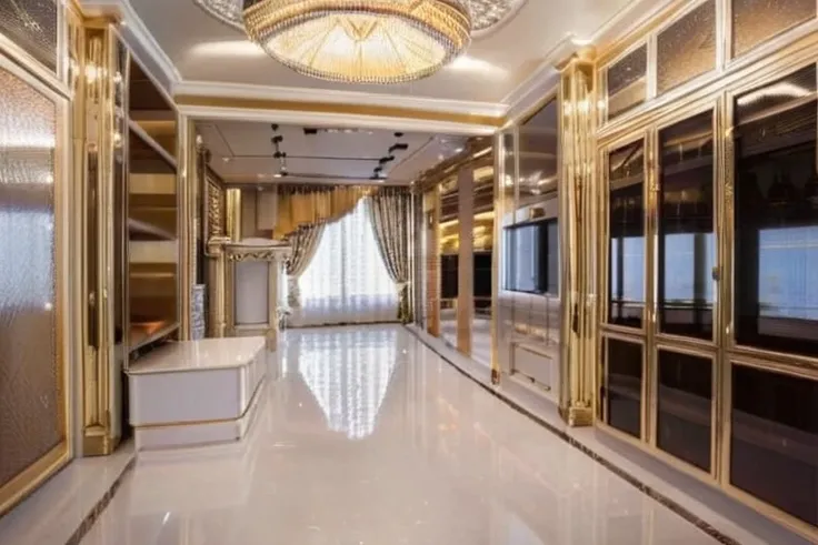 ，Masterpiece, Best quality，8K, Ultra-high resolution，(kitchen :1.3)，Immediately surrounded by a rich atmosphere of luxury。Ornate crystal chandeliers hang high on the wall，Shine bright，It is so comfortable，So much so that you cant help but indulge in it。In ...