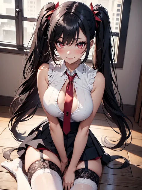 (Manhwa style), a sexy girl, long black straight hair, twintail hair, red eyes, beautiful eyes, blush on make up, red colored under-eye eyeliner makeup, long eyelashes, neck tie, white sleeveless shirt, mini pleated skirt, stockings, garter belt, big breas...