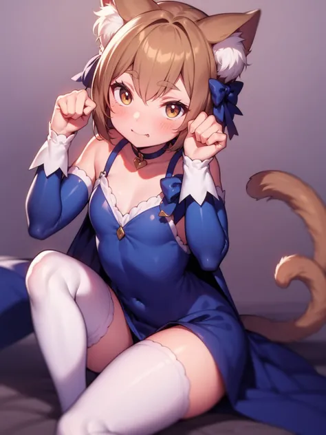 1boy, :3, androgynous, animal_ears, blush, bow, brown_eyes, brown_hair, cape, cat_ears, clenched_hands, coat, commentary_request, felix_argyle, gloves, gradient_background, hair_bow, head_tilt, highres, long_sleeves, looking_at_viewer, male_focus, mzrz, pa...