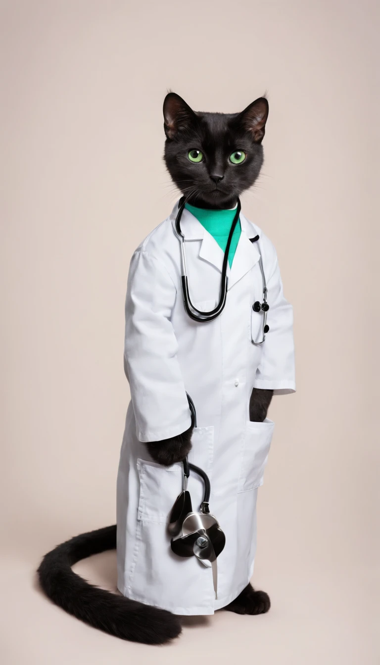 Portrait, cute black cat cub wearing white doctors scrubs with a stethoscope, low light, cheerful.
Green eyes