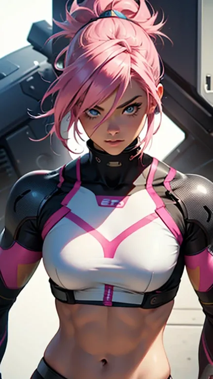 Beautiful cybernetic girl pink hair looking at camera in underwear detailed muscles realistic masterpieces dynamic poses 