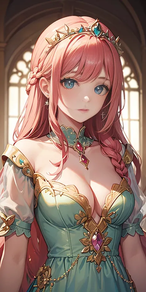 tmasterpiece，Highest high resolution，Beautiful bust of a royal lady，Delicate pink braided hair，Green clear eyes，The hair is covered with beautiful and delicate floral craftsmanship, Crystal jewelry filigree，Ultra-detailed details，upscaled。Soft lighting