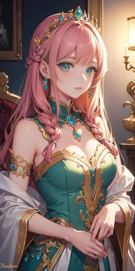 tmasterpiece，Highest high resolution，Beautiful bust of a royal lady，Delicate pink braided hair，Green clear eyes，The hair is covered with beautiful and delicate floral craftsmanship, Crystal jewelry filigree，Ultra-detailed details，upscaled。Soft lighting