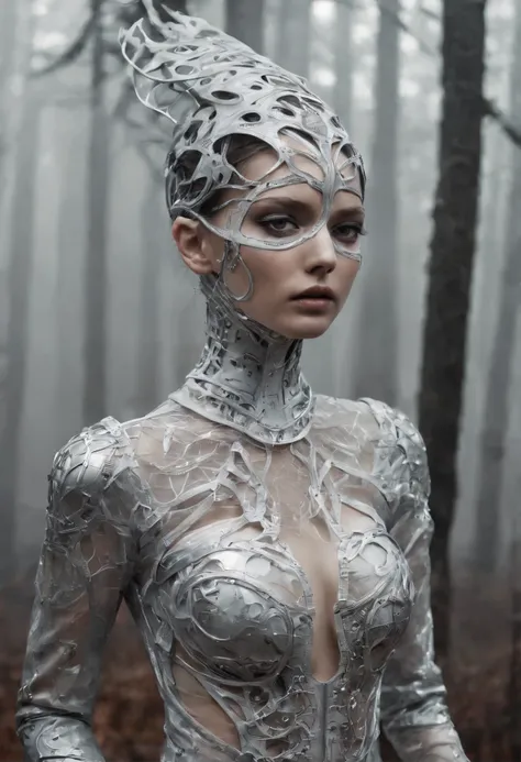 silver biomechanical, motion, surrealist, darkness, dark fantasy, dramatic light, by Aitor Throup, on foggy forest