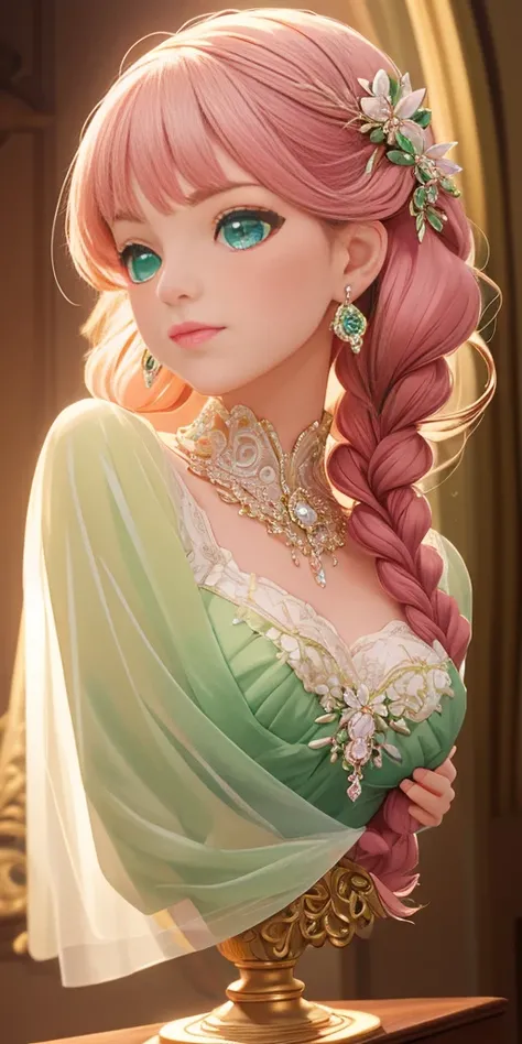 tmasterpiece，Highest high resolution，Beautiful bust of a royal lady，Delicate pink braided hair，Green clear eyes，The hair is covered with beautiful and delicate floral craftsmanship, Crystal jewelry filigree，Ultra-detailed details，upscaled。Soft lighting