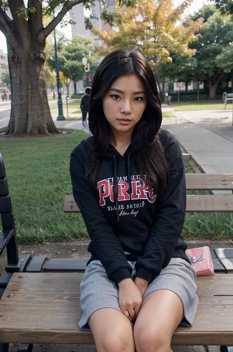 Beautiful pretty Asian girl sitting at park’s bench wearing a hoodie and looking at iphone 