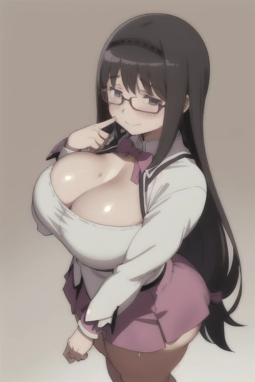 bp-homura, 1girl, long hair, solo, akemi homura, black hair, magical girl, 1girl, solo, huge breasts,  huge ass, huge thighs, narrow waist, wide hips, thick thighs, curvy, cleavage, naked, nude, completely naked, keeling down, head pressed against the grou...