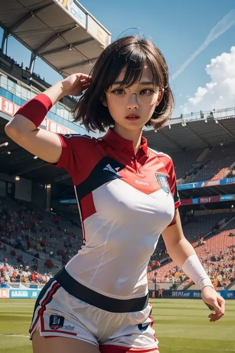 ((wide angle image)), women's football match, (((wears big glasses)))