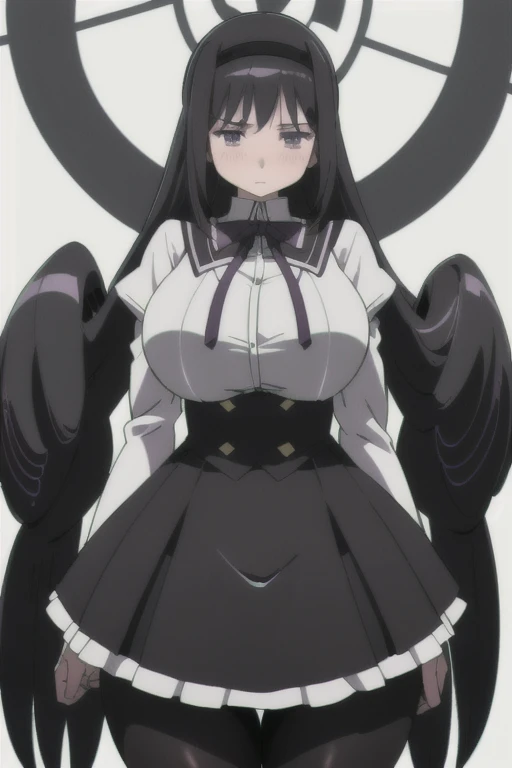 bp-homura, 1girl, long hair, solo, akemi homura, pantyhose, black hair, magical girl, 1girl, solo, embarrassed, blushing ,huge breasts, huge thighs, narrow waist, wide hips, thick thighs, curvy, cleavage, white shirt, wet shirt, see through shirt, microski...