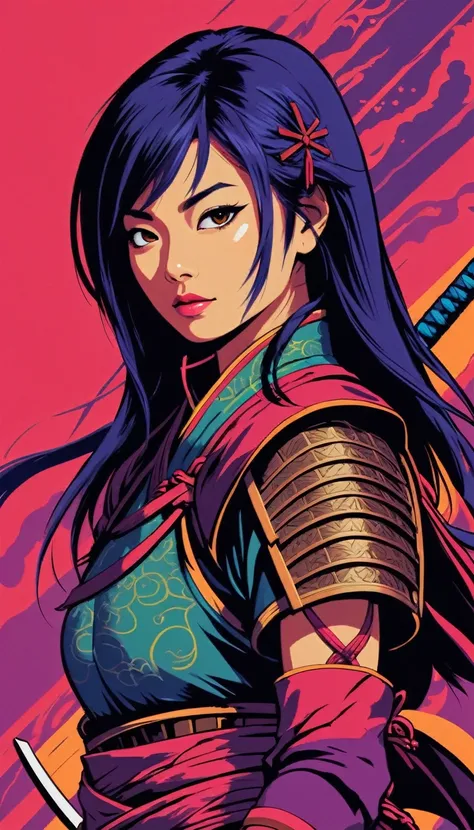 Japanese woman warrior, digital artwork, bold lines, vibrant, saturated colors,wong-kodew