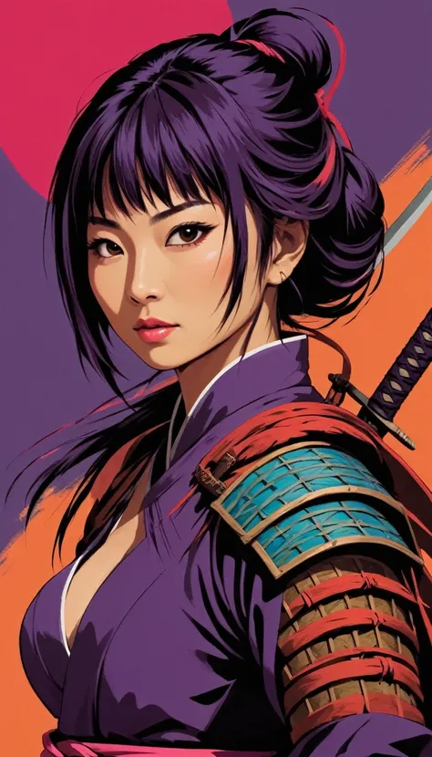 japanese woman warrior, digital artwork, bold lines, vibrant, saturated colors,wong-kodew