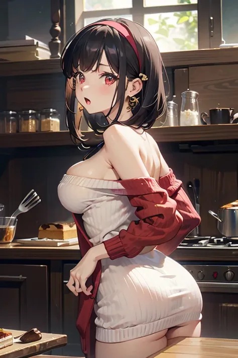 masterpiece, 1girl, Amazing Cleavage:1.3, thin waist, big ass, Raised sexy, medium breast:1.3,posed cleavage:1.2,solo, looking at viewer, open mouth, have a cup of coffee,black hair, red eyes, dress, bare shoulders, jewelry, collarbone, sidelocks, hairband...