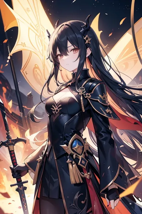 ((solo)), (woman), dark orange eyes, black hair, very long hair, messy hair, dark orange colored inner, hair a close up of a person with a sword in a desolate land surrounded by demons and monsters, a burning field, detailed key anime art, honkai star trai...