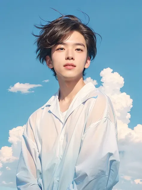 Handsome boy, a close up of a person with a shirt on and a sky background, boy, realistic 