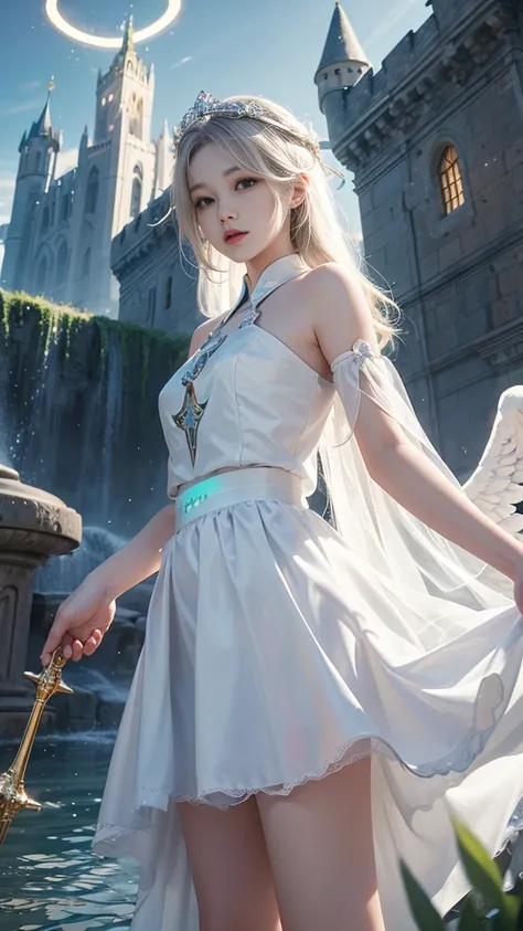 8k resolution，Angel，The halo on the head，float，Castle Background，White skin，，Asian，one person，，White tulle skirt