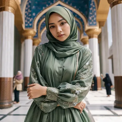 full body, beautiful indonesian women, wearing hijab, muslim clothes, muslim style, gamis green clothes, mosque background, ultra detail, realistic, masterpiece, perfect photography, 8K 