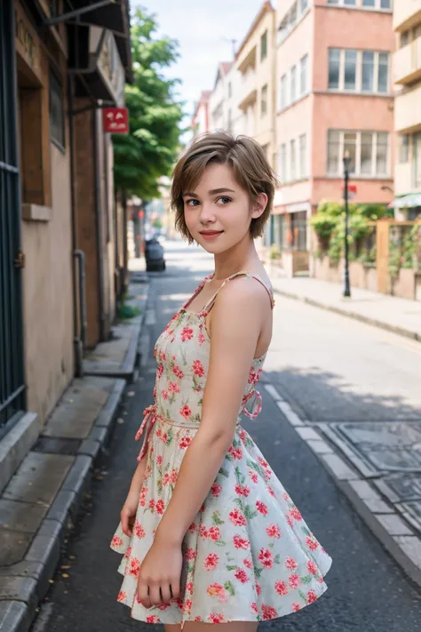 8k, raw picture, photograph, beautiful short hair female ,dress , street ,happy