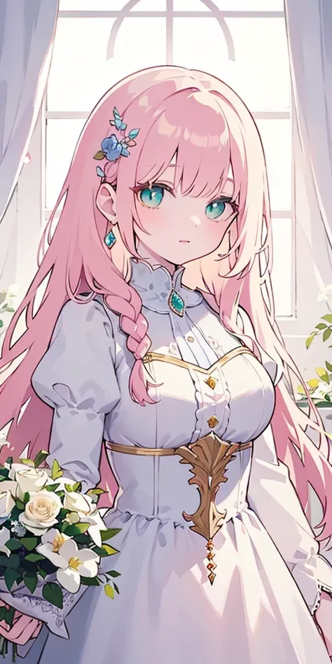 tmasterpiece，Highest high resolution，Beautiful bust of a royal lady，Delicate pink braided hair，Green clear eyes，The hair is covered with beautiful and delicate floral craftsmanship, Crystal jewelry filigree，Ultra-detailed details，upscaled。Soft lighting