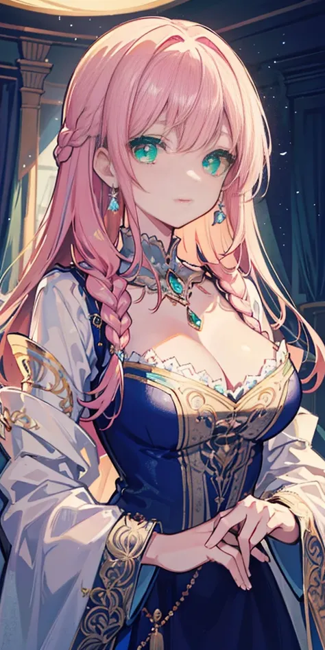 tmasterpiece，Highest high resolution，Beautiful bust of a royal lady，Delicate pink braided hair，Green clear eyes，The hair is covered with beautiful and delicate floral craftsmanship, Crystal jewelry filigree，Ultra-detailed details，upscaled。Soft lighting