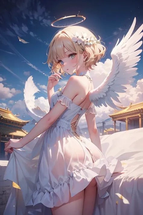 masterpiece, highest quality, Very detailed, 16k, Ultra-high resolution, Cowboy Shot, 12 year old girl, Detailed face, Perfect Fingers, Angel halo on head, Golden Eyes, blonde, short hair, Angel wings growing on your back, Thin and light clothing、Above the...