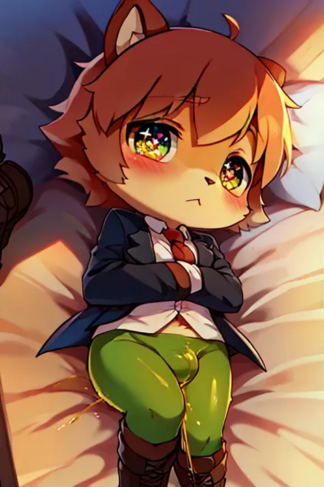 boy, squirrel, furry, bodyfur, blazer, bottomless, green tights, gloves, boots, chibi, bulge, sparkling eyes, peeing, lying, bed