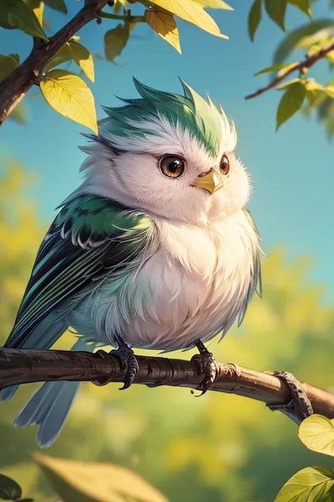 A fluffy, tiny bird like a Long-tailed Tit is gazing at you. The surrounding atmosphere is filled with pastel colors of green, yellow, and orange.