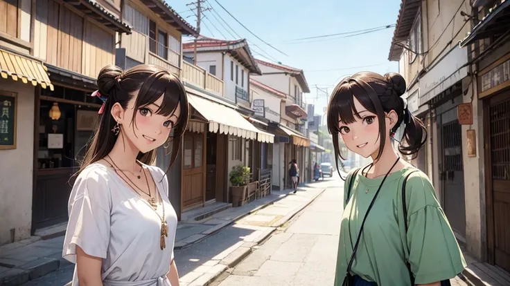 Nara Street、Ancient city、Women in their teens to 40s、(stylish, Dress relaxed)Spring-like adult woman、/(Light brown hair)bangs、cheek(Dark Eyeasterpiece 1.2)Delicate illustrations with attention to detail、 (Ancient capital:1.2) (The background is fresh green...