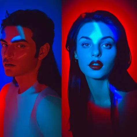 arafed image of a woman with a mans face in the background, an album cover by Giorgio Cavallon, tumblr, digital art, glowing face, blue and red lighting, glowing blue face, red and blue lighting, red and blue back light, blue and red lights, red and blue n...