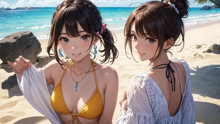 Ocean、Sandy Beach、Ocean水浴10代から40代の女性、(stylish, Dress relaxed)Bikini swimsuitの女性、/(Light brown hair)bangs、cheek(Dark Eyeasterpiece 1.2)Delicate illustrations with attention to detail、 (Beach:1.2) (Bikini swimsuit)、blue sky、Detailed Background、whole bodyが写る、...