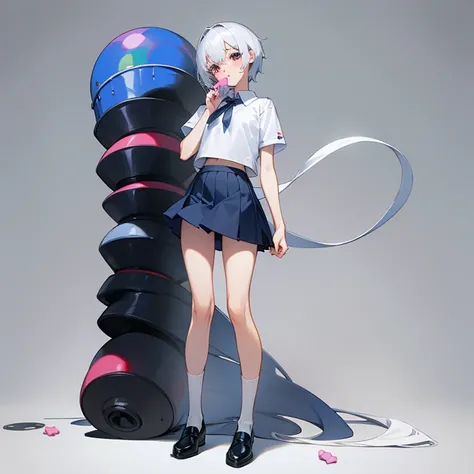 Full body, slim, female, white short sleeved shirt, navy blue mini skirt, white socks, black shoes, standing, candy in mouth, one hand touching lips