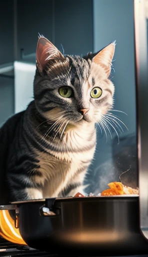 close-up photography of (grey tabby cat:1.2), cooking lobster(1.2) (c4ttitude:1.3), in glasstech kitchen, hyper realistic, intricate detail, (foggy:1.1), pov from below