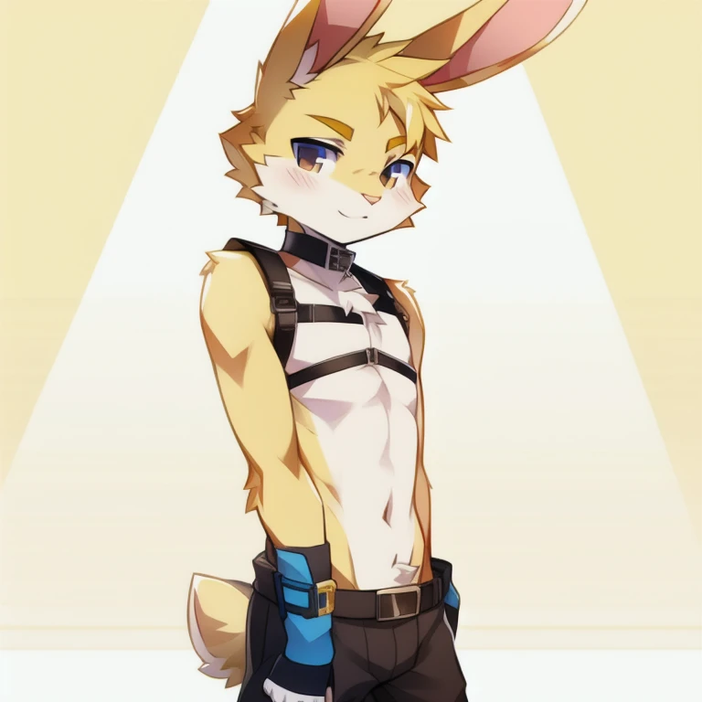 solo, male, rabbit, yellow colored fur, lean body, anthropomorphic rabbit,