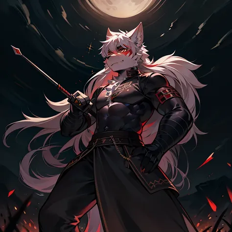 peludo, a white wolf in the middle of a chameleon battlefield., fight with your sword on the battlefield at night......... black...