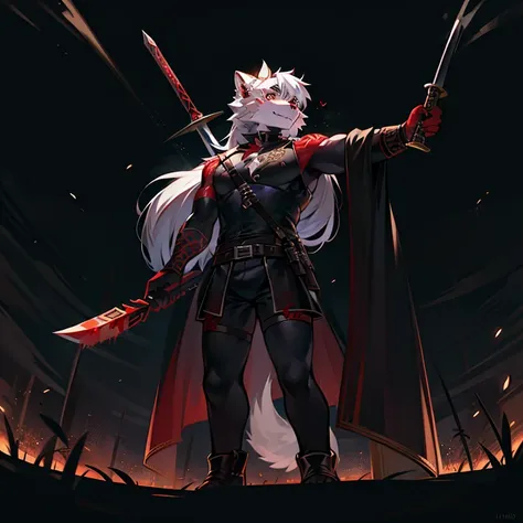 peludo, a white wolf in the middle of a chameleon battlefield., fight with your sword on the battlefield at night......... black...