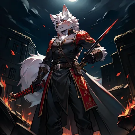 peludo, a white wolf in the middle of a chameleon battlefield., fight with your sword on the battlefield at night......... black...