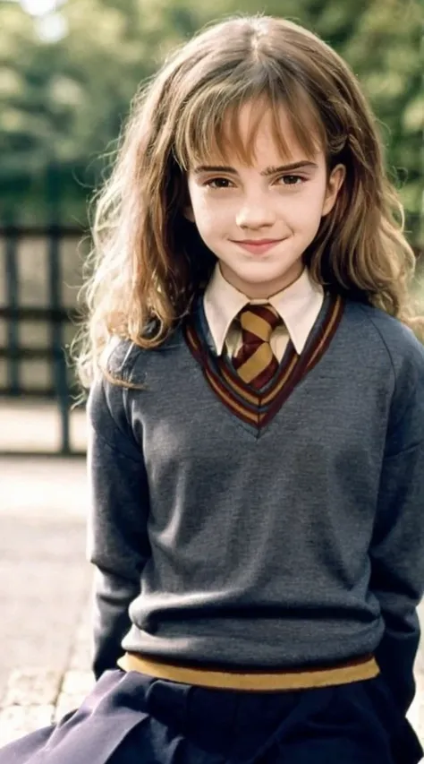 best quality,ultra-detailed,(photorealistic:1.37), hermione granger, smiling, tight clothes, upper body in hogwarts uniform,fron...