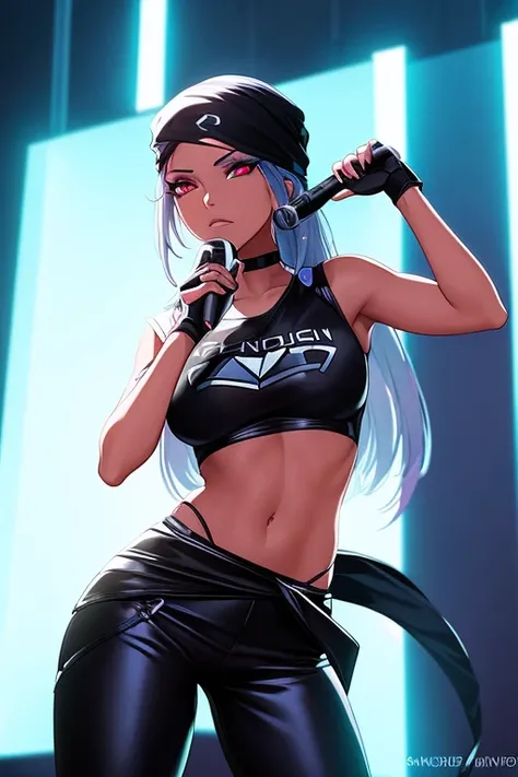 A futuristic android woman with sleek metallic skin and minimal clothing, posing seductively in a neon-lit room.
As the moonless night enveloped the stage, a stunning woman took the mic and began to rap. The moonlight reflected off her silhouette, adding a...