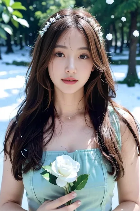 1girll, Solo, flower, long whitr hair, The ultra-realistice, Top lighting rendering，Green Forest Park， Holding, holding flower, Brown hair, Look to the lens, The background is blurred out, Moles under eyes, Blurry, dark mole, The upper part of the body, Br...