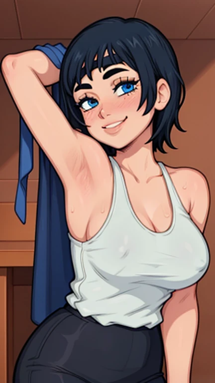 masterpiece, best quality, looking at viewer, upper body, portrait, looking at viewer, seductive smile, put your hands behind your head, armpits, armpits visible, sweaty armpits, himeno, very large breasts, black hair, blue eyes, wearing office outfit