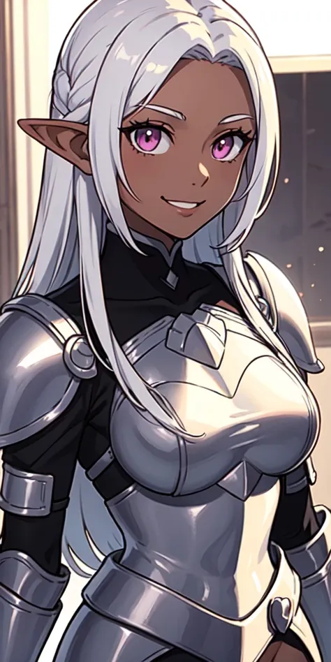 masterpiece, best quality, 1girl, solo, portrait, dark skin, dark-skinned female, elf ear, long hair, white hair, pink eyes, silver armor, smile, parted hair, armored dress